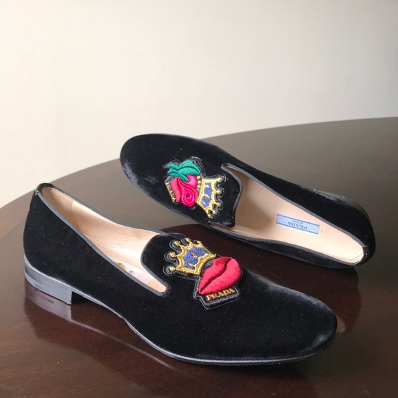 Black velvet king lips & flower Prada Penny Loafer - Picture 2 of 8